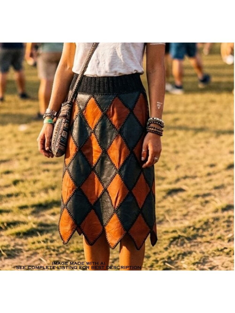 Vintage Handmade Patchwork Faux Leather Crochet Mini Skirt L Festival Hippie
